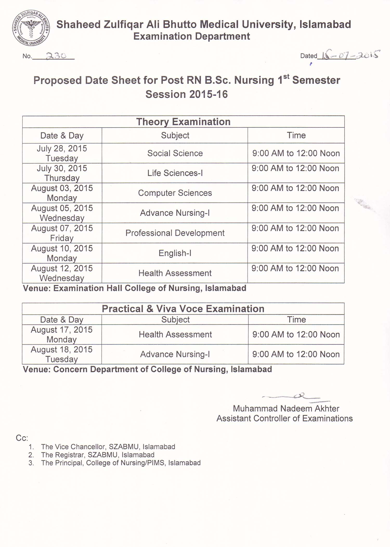 Date Sheet For Post RN B.Sc. Nursing 1st Semester | Shaheed Zulfiqar ...