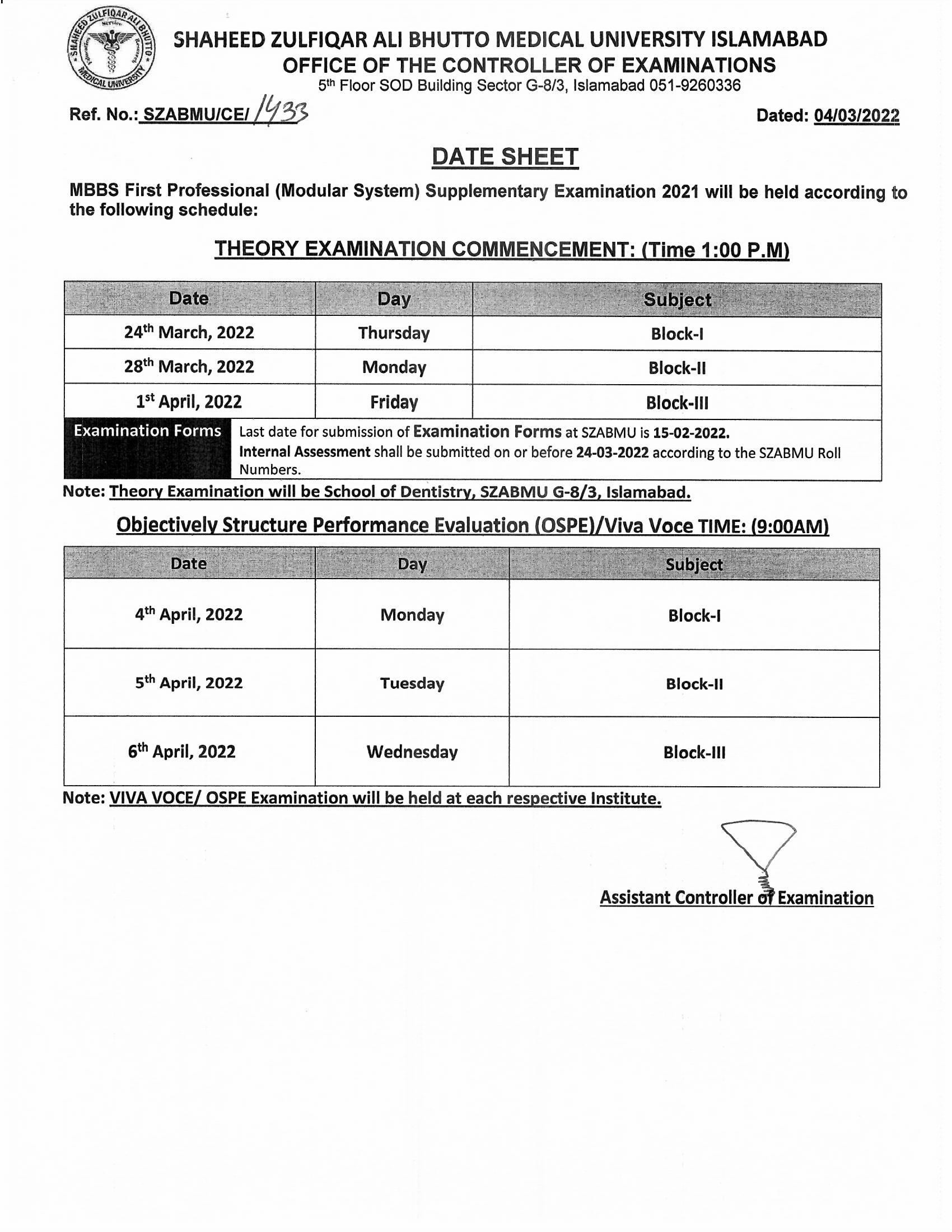 Date Sheet MBBS Supplementary Examinations 2021 Shaheed Zulfiqar