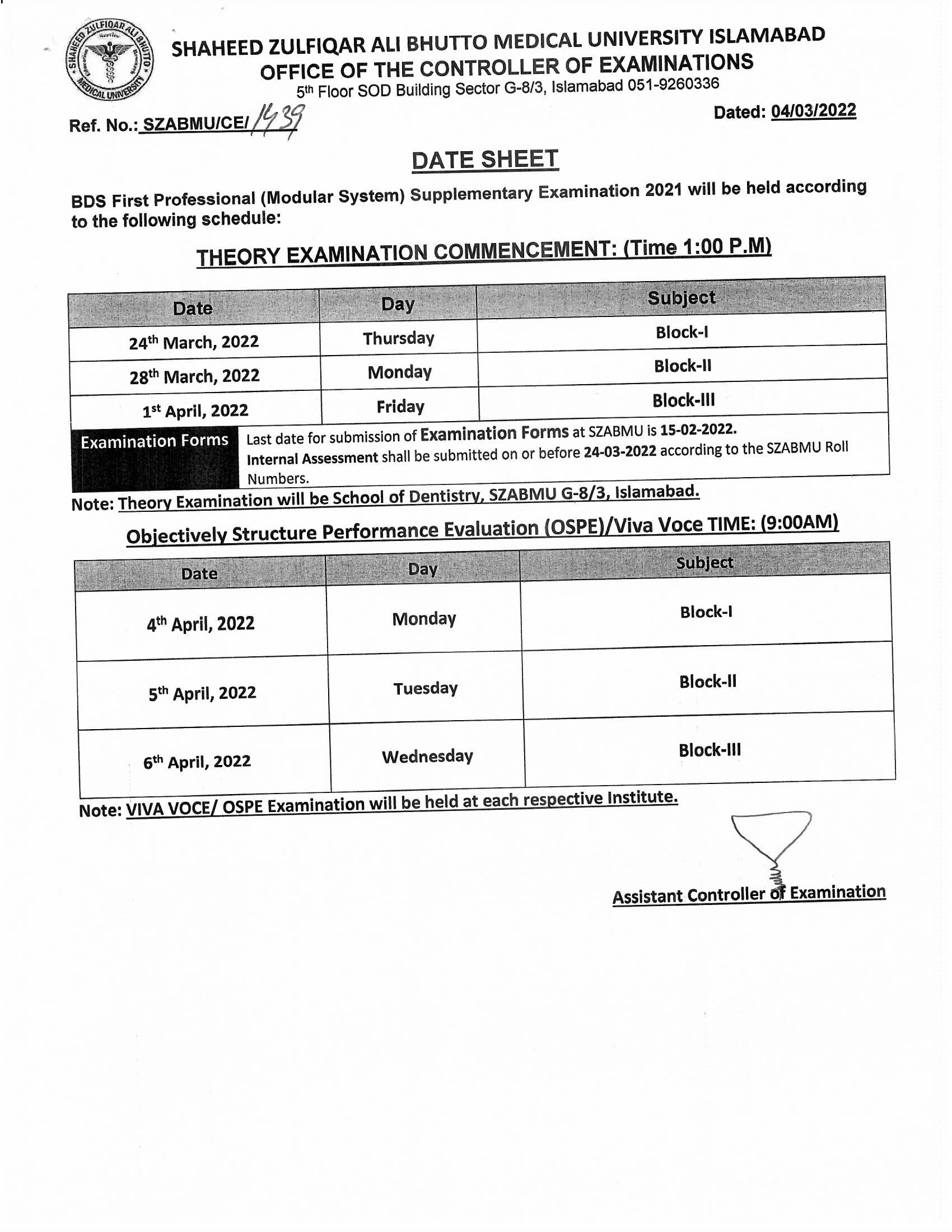 Date Sheet Bds Supplementary Examinations Shaheed Zulfiqar Ali