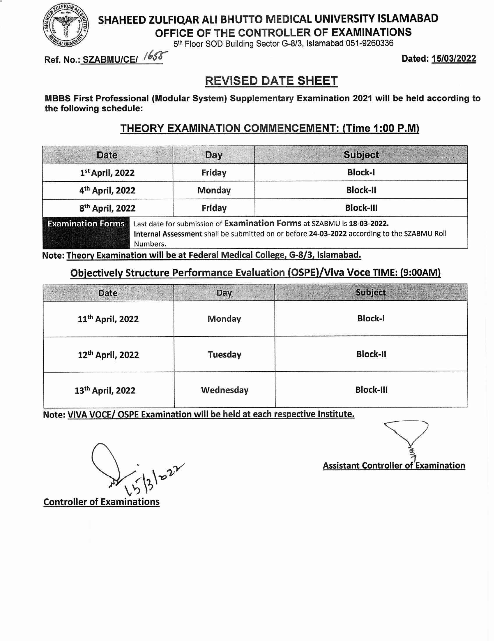 Revised Date Sheet Mbbs Professional Supplementary Examinations