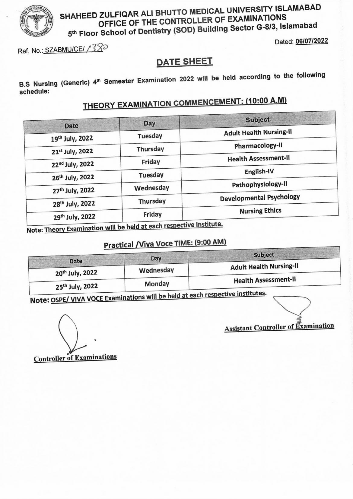 Date Sheet - B.s Nursing (generic) 1st & 4th Semester Examinations 2022 