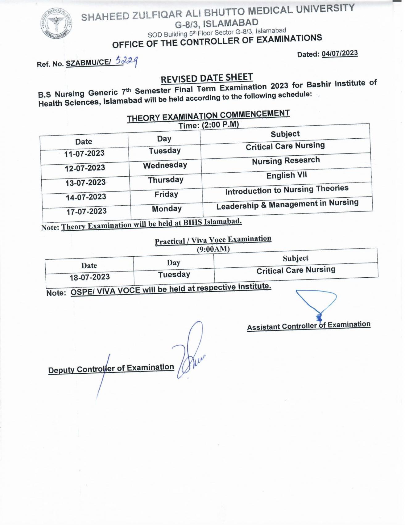 Revised Date Sheet BS Nursing Generic 7th Semester Final Examination