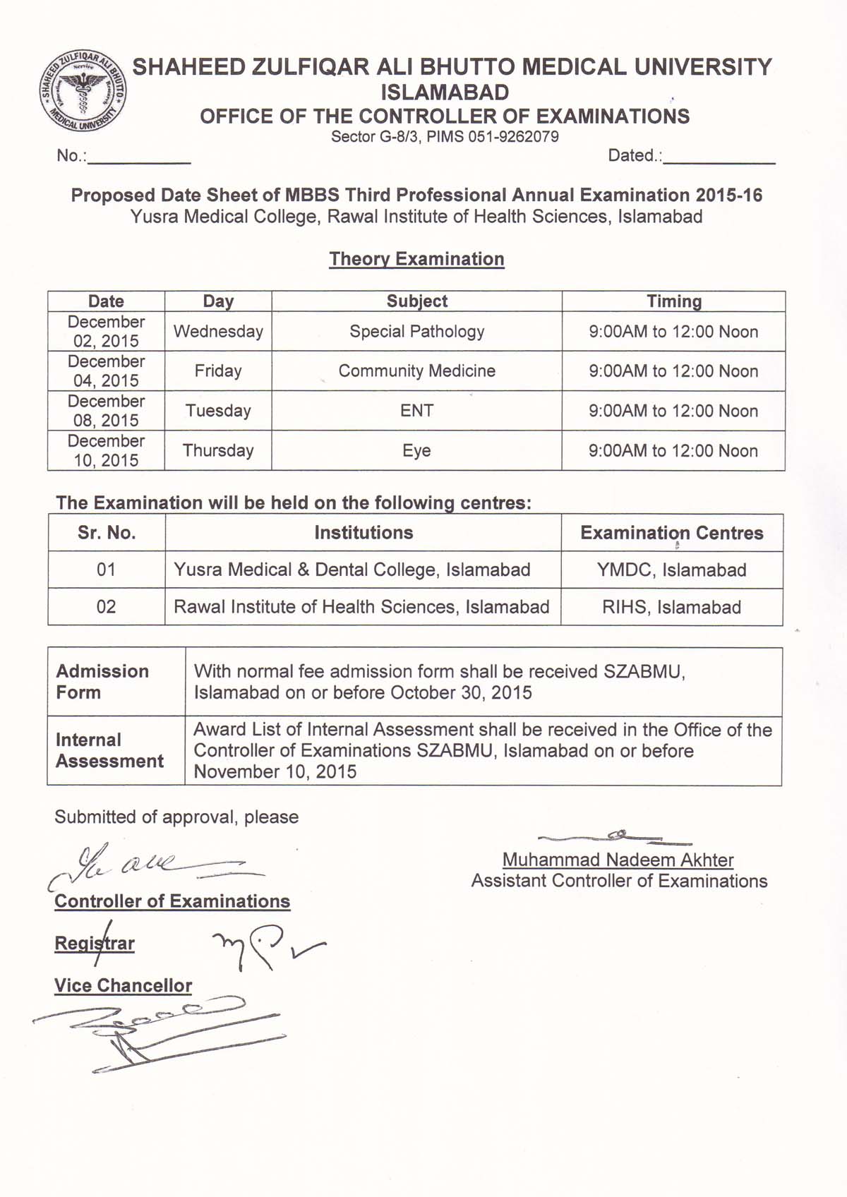 Date Sheet for MBBS of All Professional Annual Exams | Shaheed Zulfiqar ...