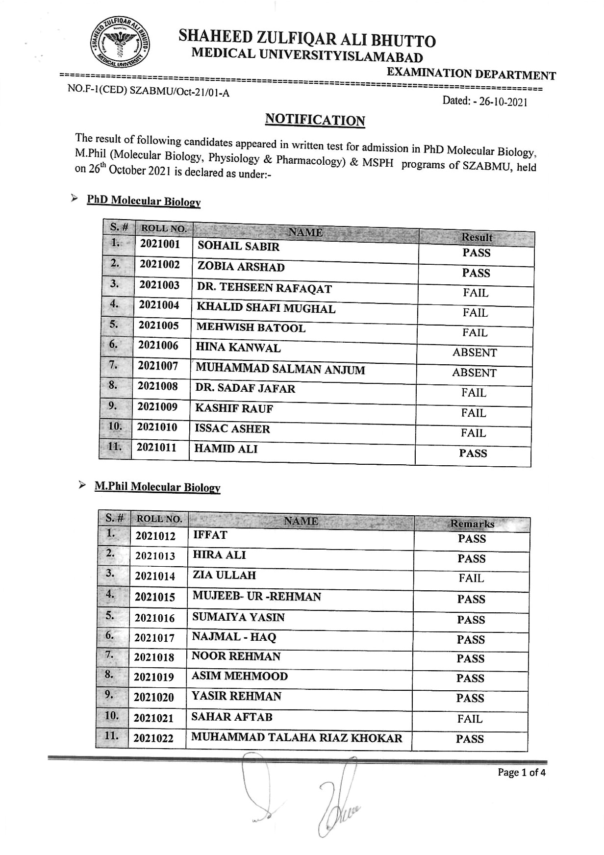 Entry Test Result of Basic Medical Sciences | Shaheed Zulfiqar Ali ...