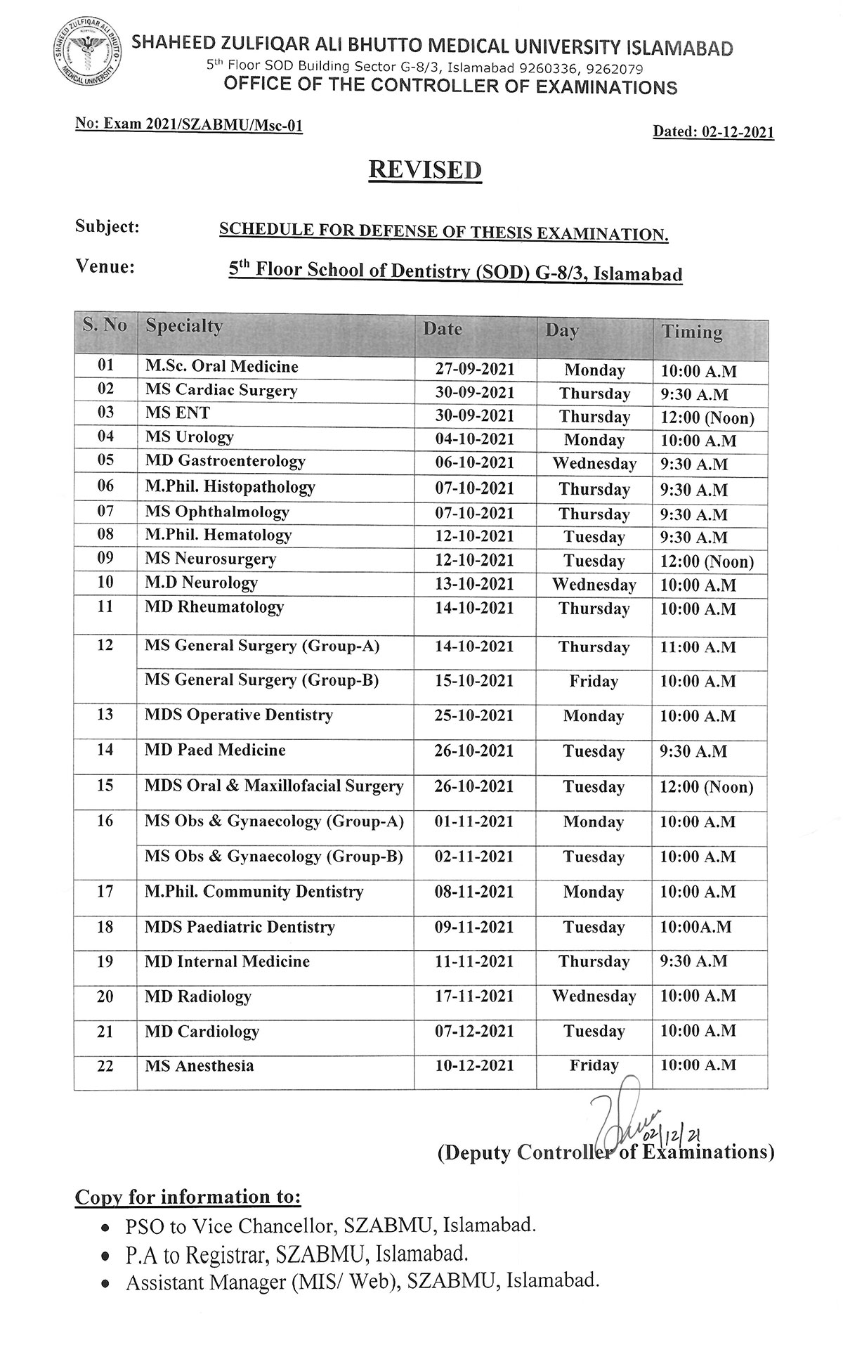 Revised - Schedule for Defense of Thesis Examinations | Shaheed ...