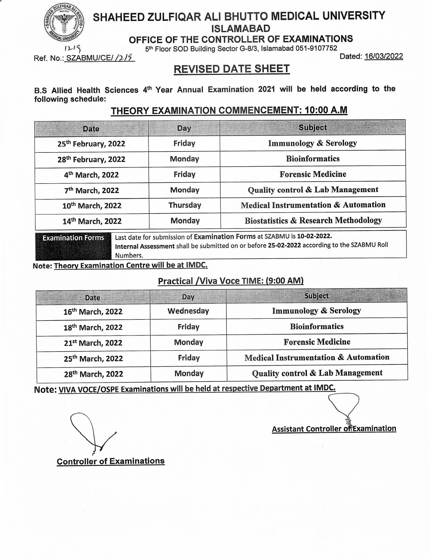 Revised Date Sheet - BS AHS Annual Examinations 2021 | Shaheed Zulfiqar ...