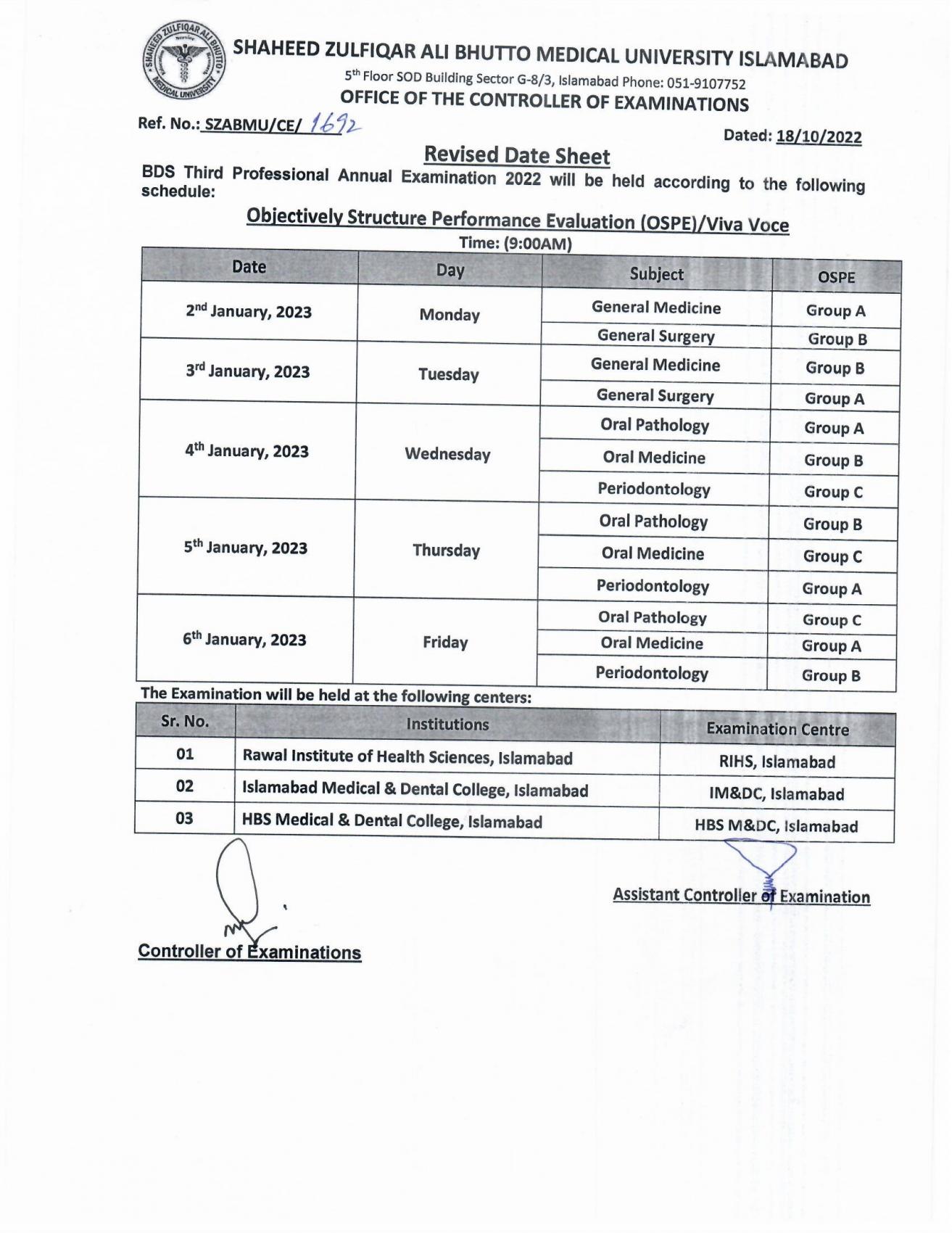 Revised Date Sheet - BDS Third Professional Annual (OSPE)/Viva Voce ...