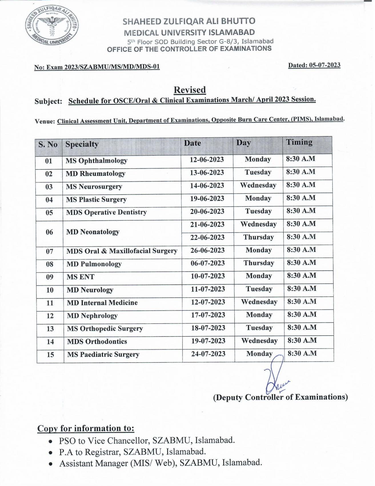 Revised - Schedule for OSCE/Oral & Clinical Examination March/April ...