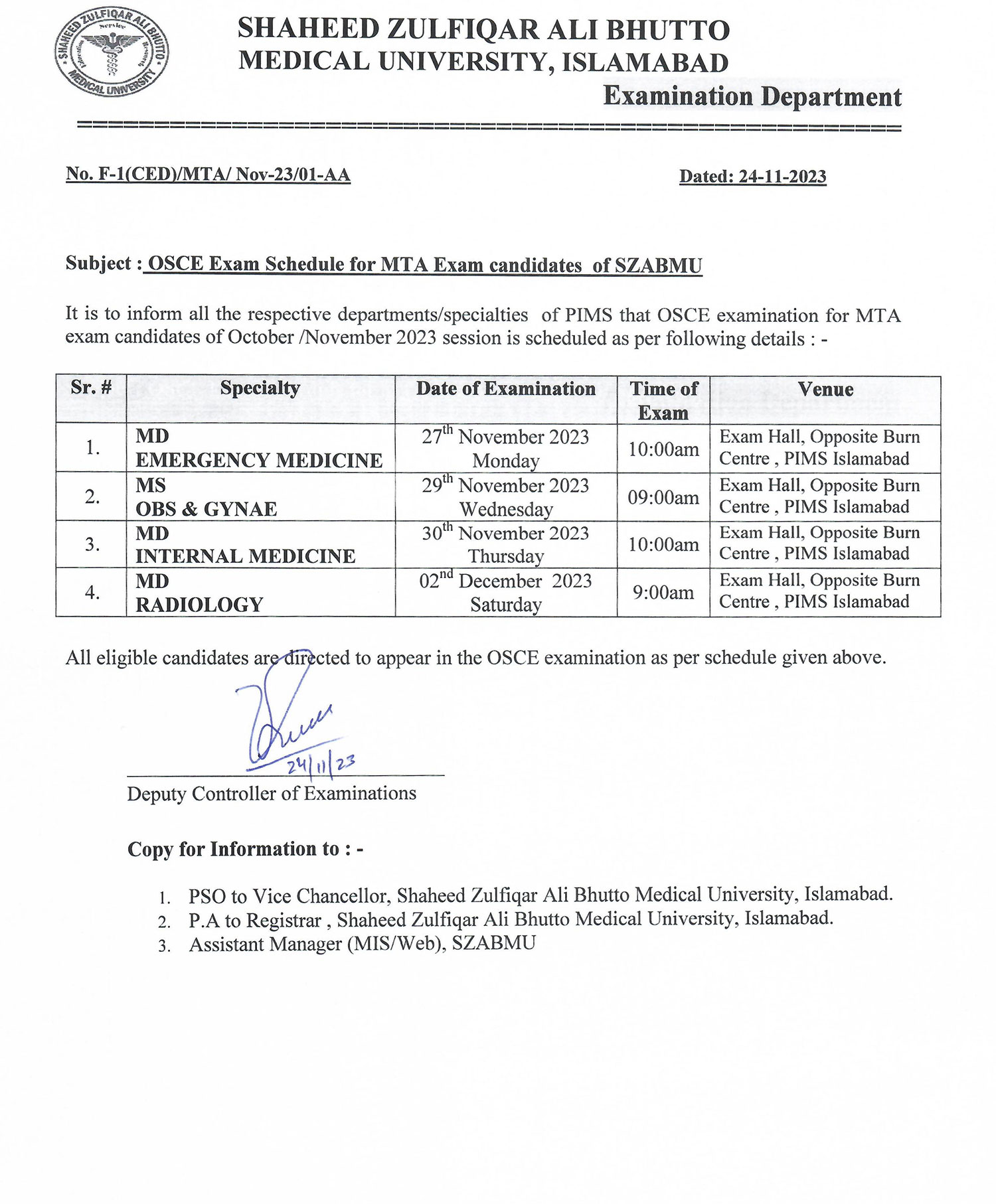 OSCE EXAM schedule of MTA Candidates Oct/Nov 2023 Session Shaheed