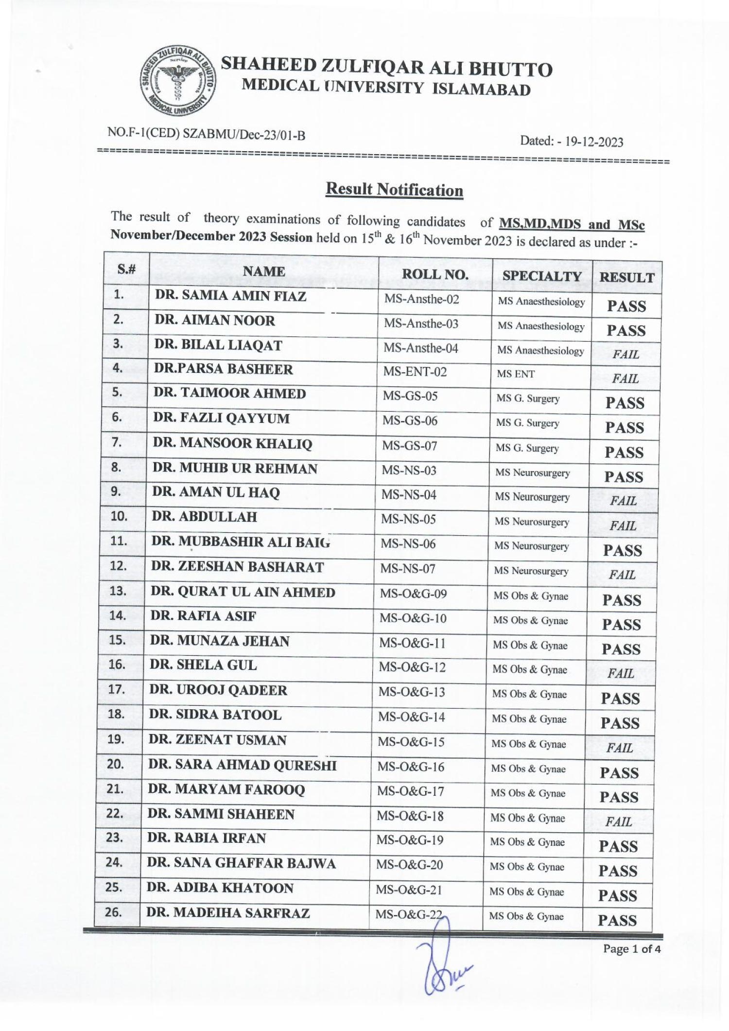 Result Notification Of MS,MD,MDS And MSc Final Theory Examination ...